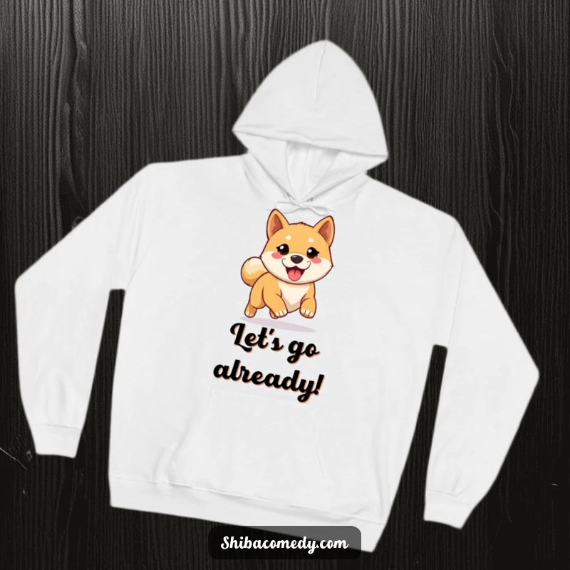 Funny Shiba Inu hoodie featuring an eager dog ready for a run, designed for comfort and warmth during outdoor activities.