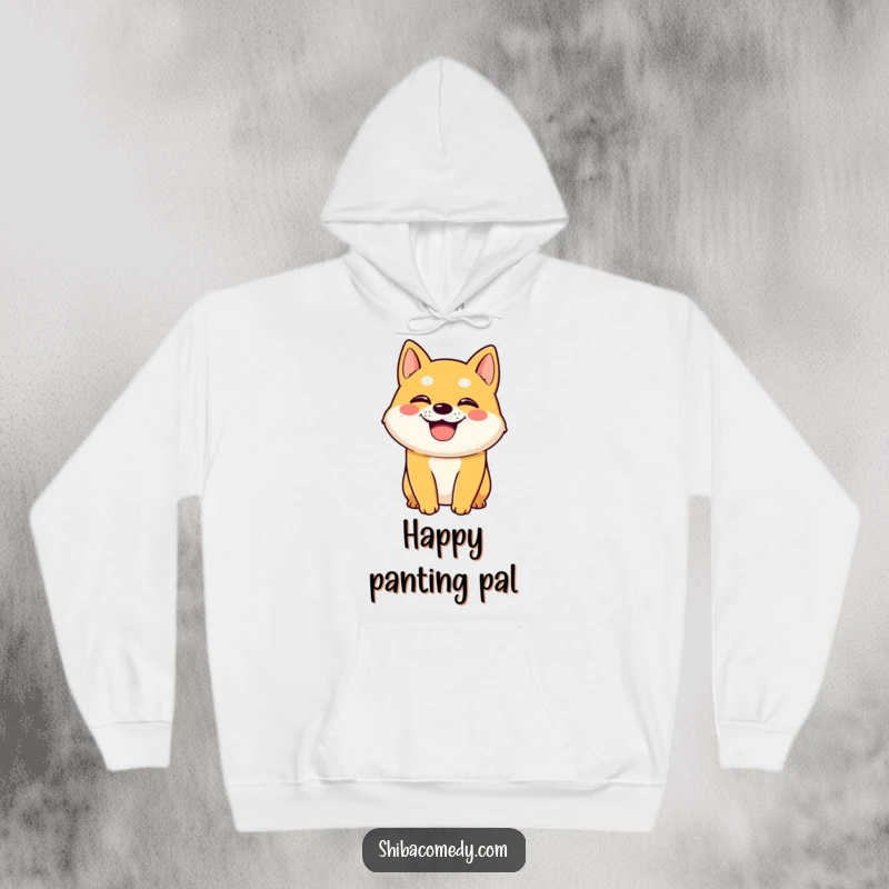 Funny Shiba Inu dog character with a wide grin and panting on a cozy hoodie, offering warmth and a touch of humor.
