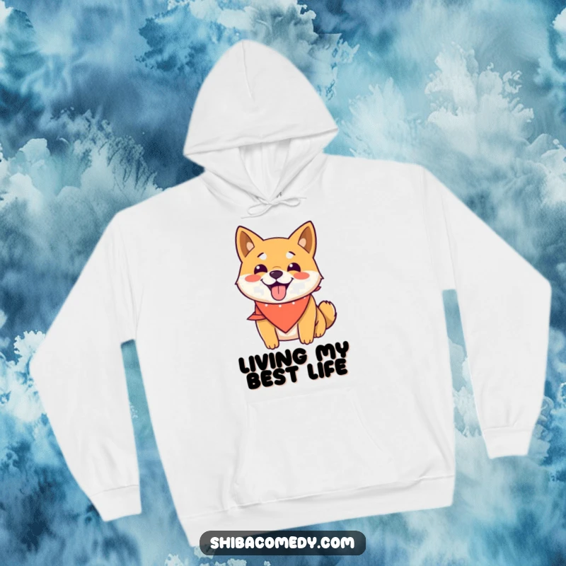 Funny Shiba Inu hoodie showing a happy dog in a bandana, panting with joy, offering warmth and humorous charm.