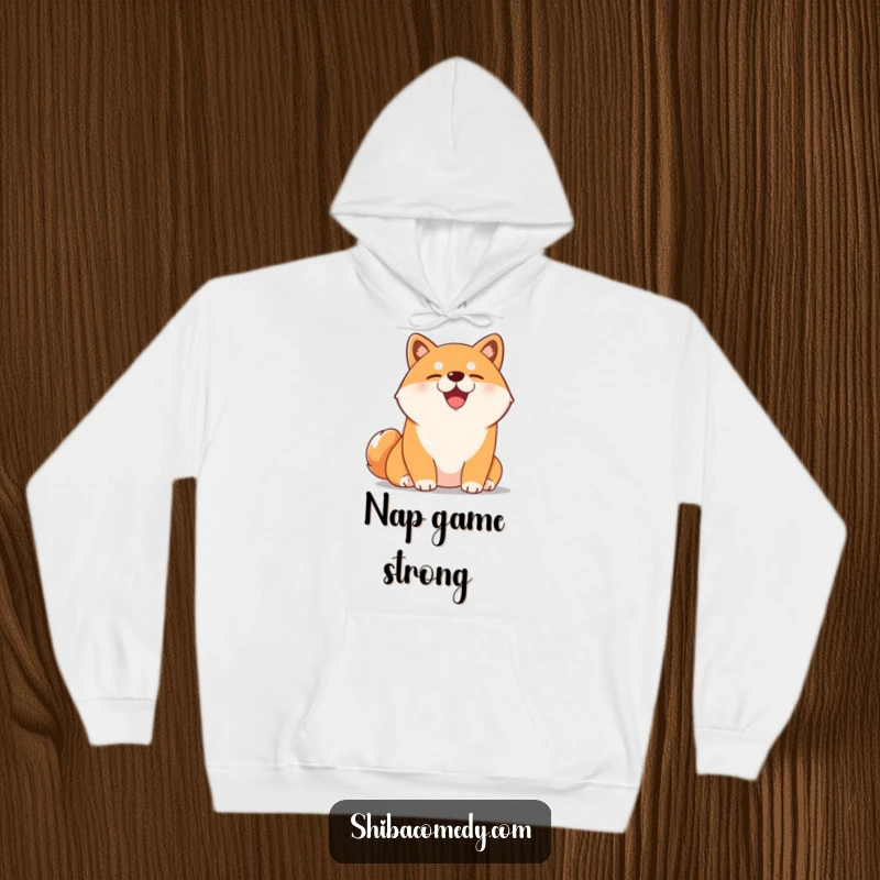 Funny Shiba Inu hoodie with a content dog basking in sunlight, eyes closed in perfect relaxation. Cozy and humorous apparel.