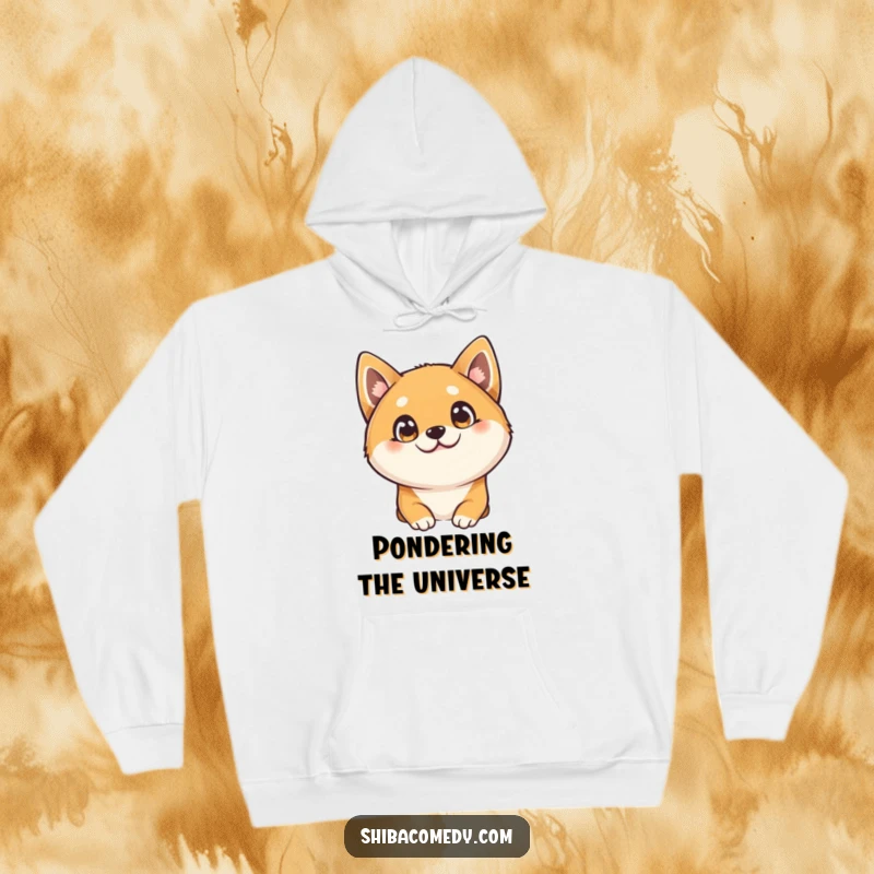 Funny Shiba Inu hoodie, a curious dog tilts its head, big bright eyes showing wonder, cozy humorous sweatshirt.