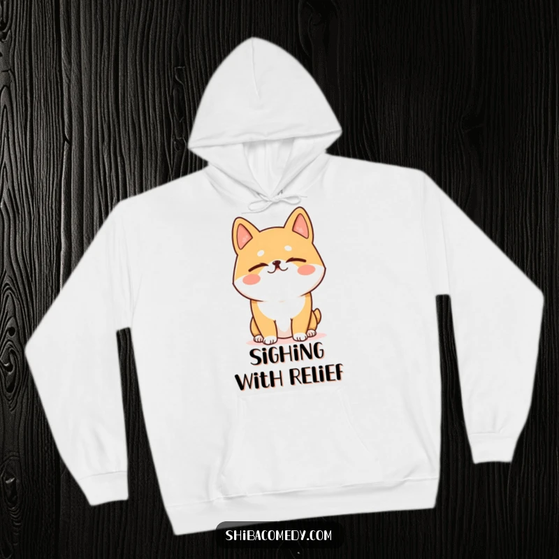 Funny Shiba Inu hoodie showing a dog with eyes closed, emitting a hilarious, blissful, happy sigh, embodying ultimate relaxation.