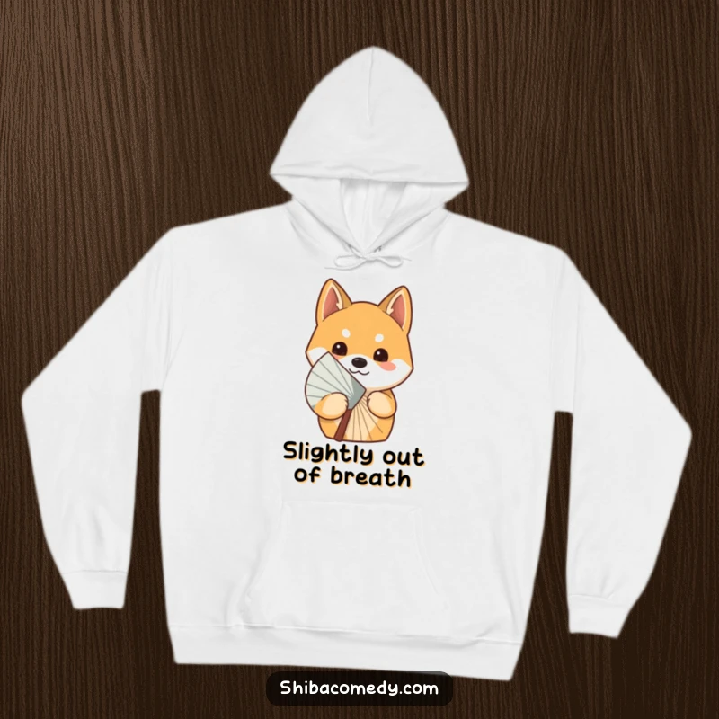 Funny curious Shiba Inu dog peeking from behind a fan, printed on a cozy hoodie for warmth and a touch of playful mystery.