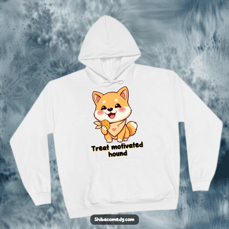 Funny Shiba Inu hoodie, a happy dog wearing a cool bandana holds a treat, cozy humorous sweatshirt.