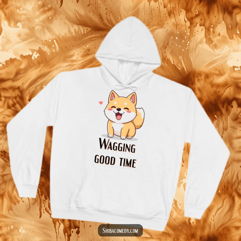 Funny Shiba Inu dog character with a happy, fluffy tail wagging on a cozy hoodie, perfect for dog enthusiasts.