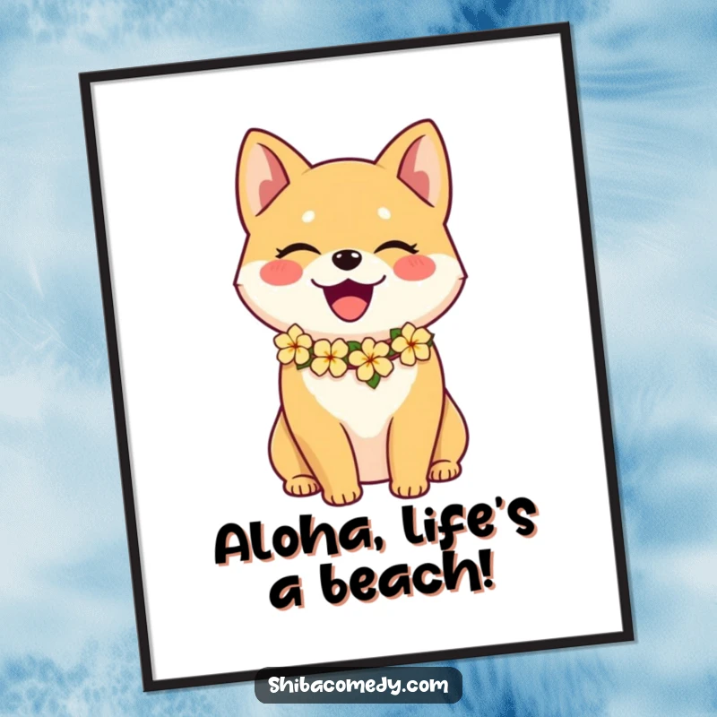 Funny free printable wall art depicting a joyful Shiba Inu wearing a vibrant flower lei, radiating happiness and tropical cheer.