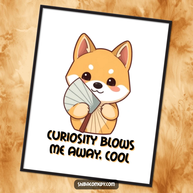 Free Printable Curious Shiba Inu Wall Art, a Shiba Inu peeking mischievously from behind a fan, adds quirky decor.