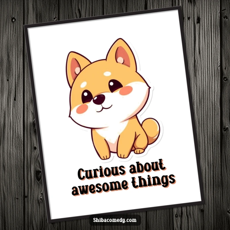 Funny free printable wall art of a curious Shiba Inu tilting its head with one ear up, looking inquisitive.