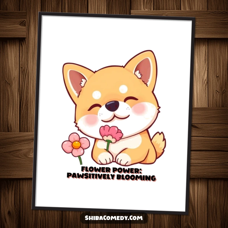 Funny Free Printable Wall Art: Shiba Inu with curious head tilt sniffs a flower, creating a peaceful scene.
