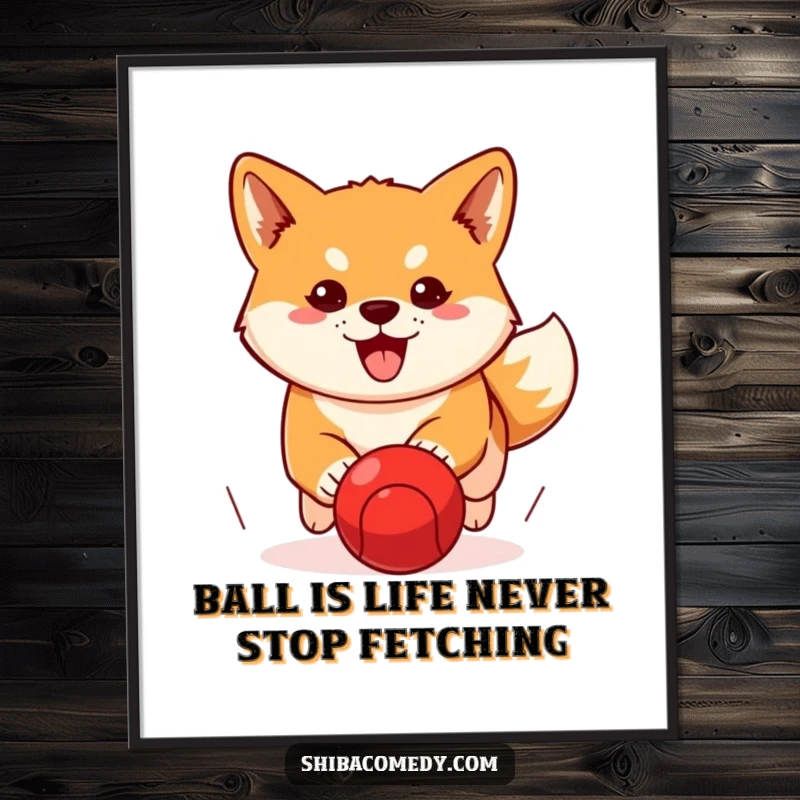 Funny Free Printable Wall Art depicting a determined Shiba Inu intensely chasing a bright red ball, capturing playful energy.