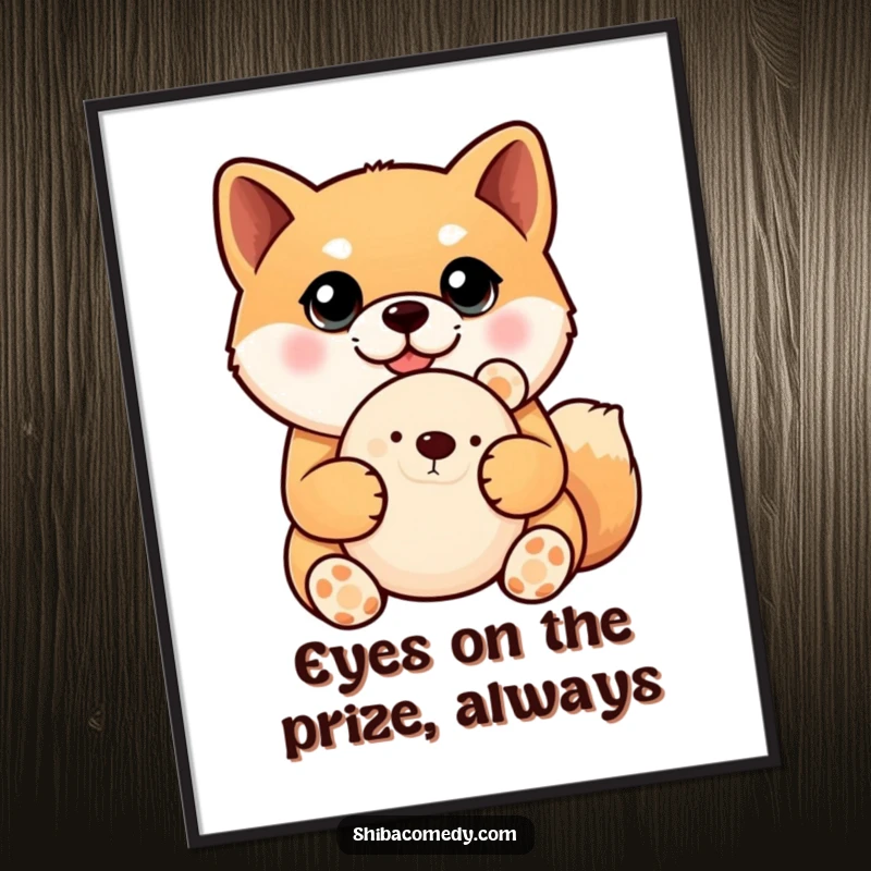 Funny Free Printable Wall Art of a Shiba Inu with enormous eyes, lovingly cradling a soft plush toy.