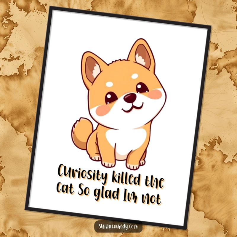 Funny Free Printable Wall Art: A curious Shiba Inu tilting its head, appearing thoughtful and slightly confused, a unique decor piece.