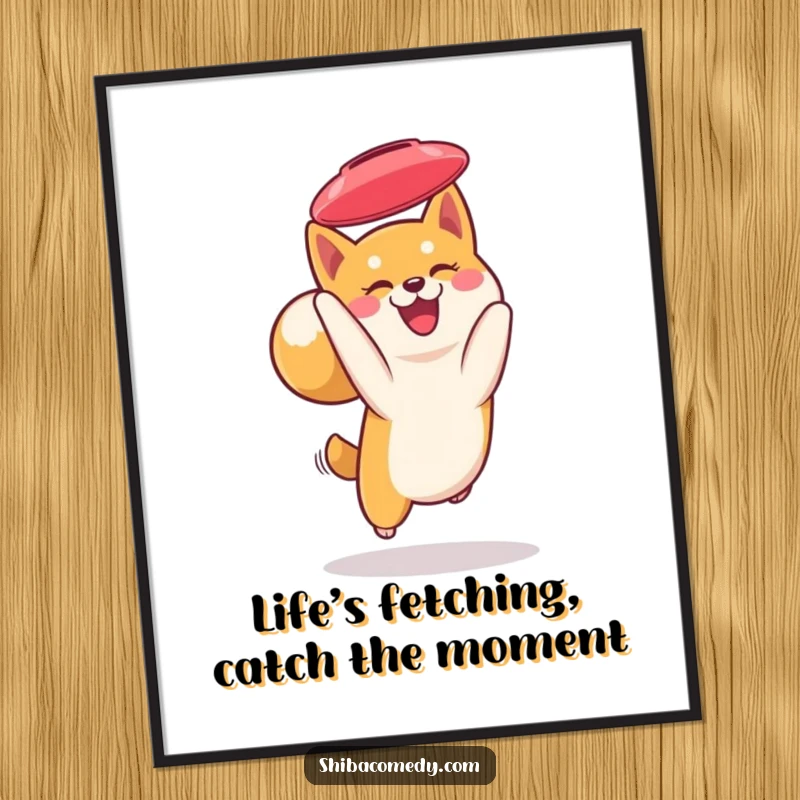 Funny Free Printable Wall Art: Smiling Shiba Inu with curled tail catching a frisbee mid-air, athletic downloadable art.