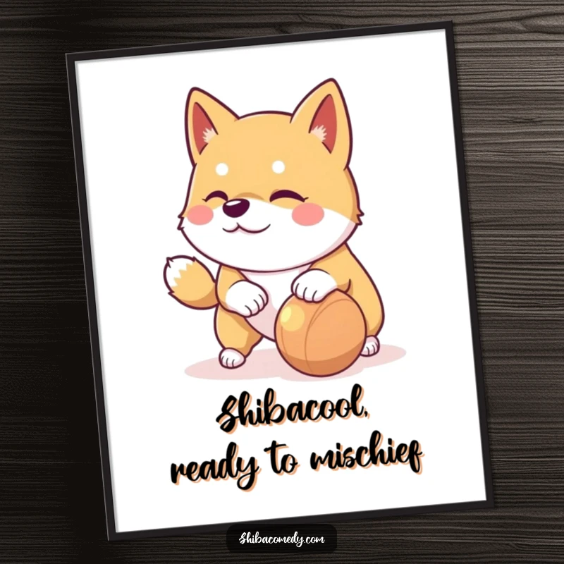 Funny Free Printable Wall Art: Playful Shiba Inu with a mischievous glint, nudging a rolling toy.