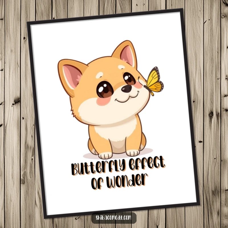 Funny Free Printable Wall Art: Shiba Inu with wide, curious eyes watching a butterfly flutter past.