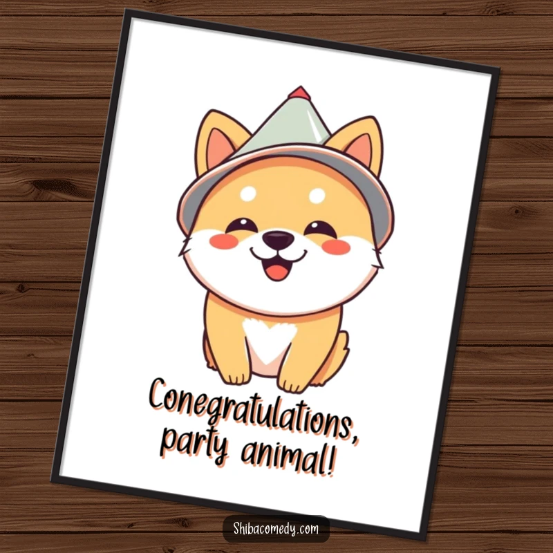 Funny Free Printable wall art of a Shiba Inu in a cone hat, radiating pure, unadulterated glee and silliness.