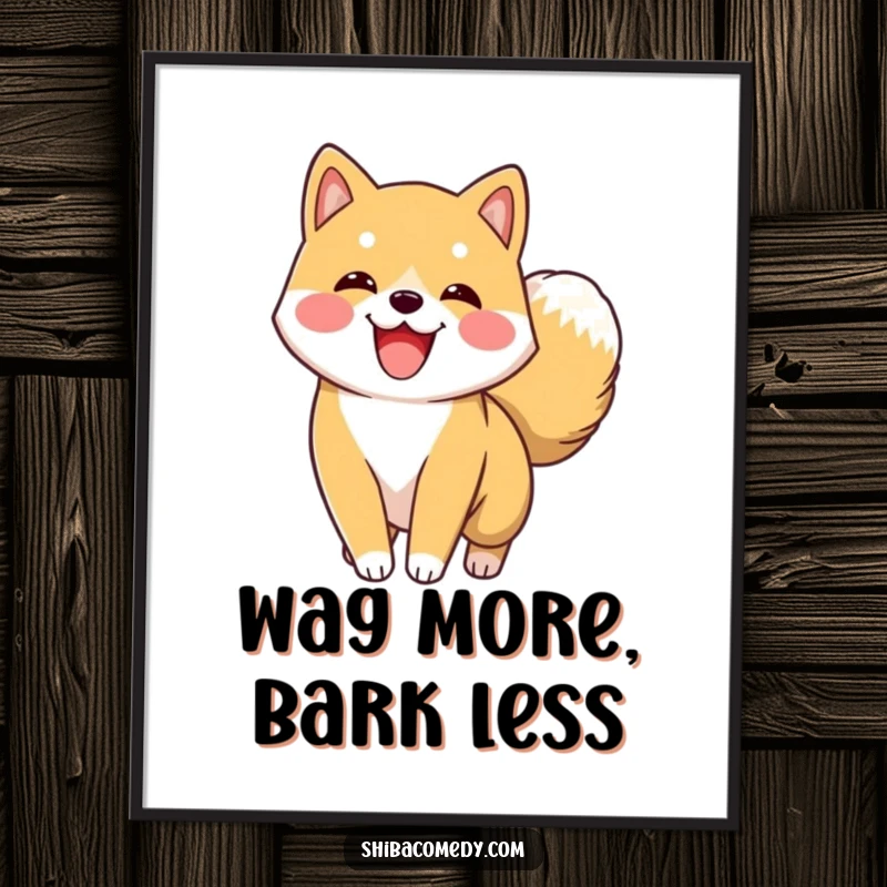 Funny Free Printable Wall Art: An excited Shiba Inu character is captured mid-wag, its fluffy tail a blur of happiness.