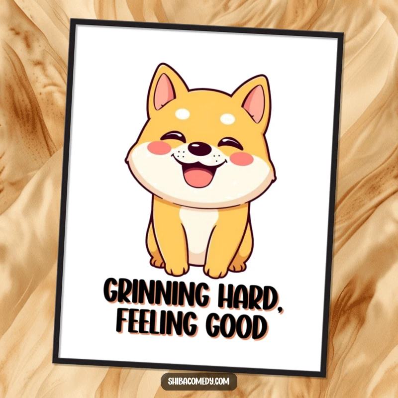 Funny free printable wall art of a happy Shiba Inu with a wide grin, panting with joy.