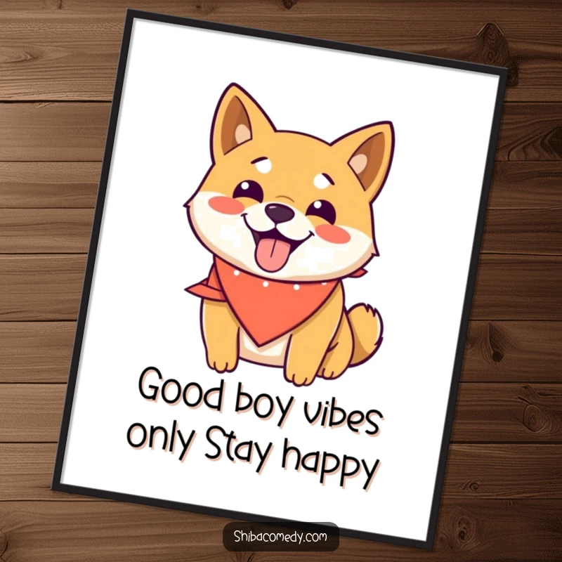 Funny Free Printable Wall Art featuring a smiling Shiba Inu in a tiny bandana, panting happily, bringing cheerful vibes.