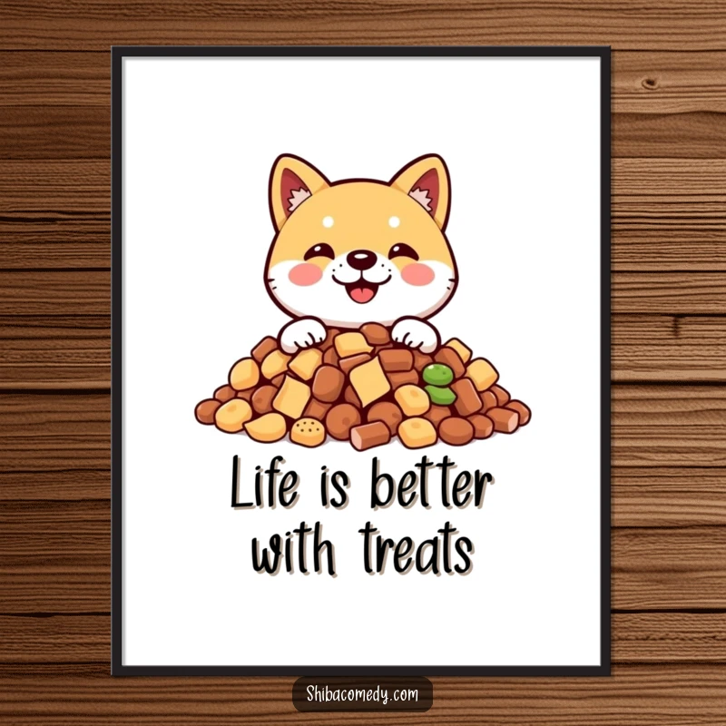 Funny Free Printable Wall Art of a happy Shiba Inu peeking from behind an enormous, tempting pile of dog treats.