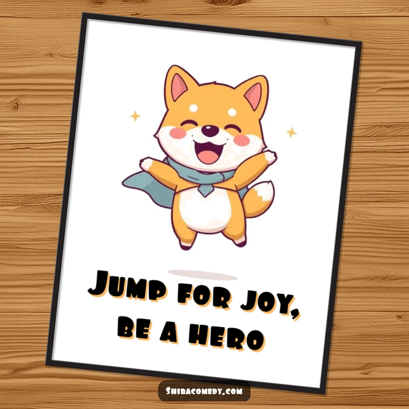 Free Printable Super Shiba Inu Wall Art, a Shiba Inu in a tiny cape jumping with pure joy, adds heroic decor.