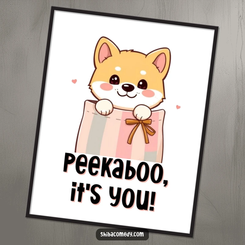 Funny Free Printable Wall Art: Curious Shiba Inu peeking its head out from the top of a colorful gift bag.