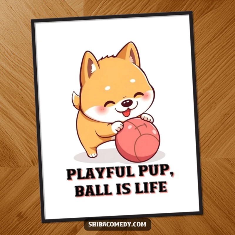 Free Printable wall art depicting a Shiba Inu joyfully nudging a rolling ball, capturing a moment of pure playfulness.