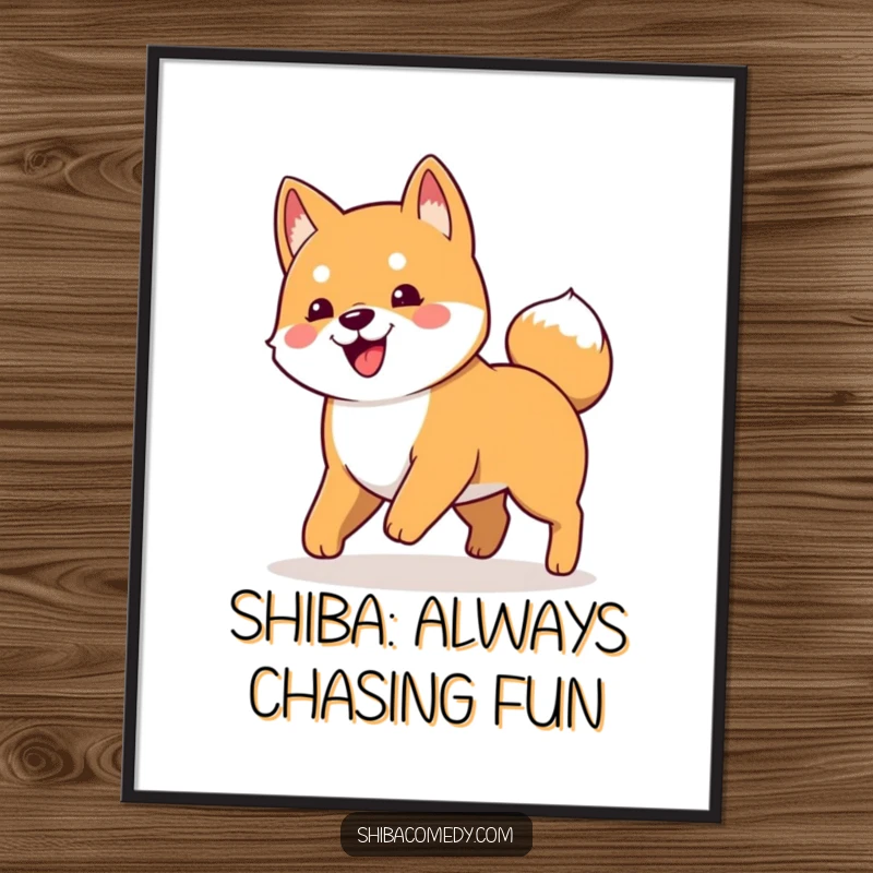 Funny Free Printable Wall Art: A joyful Shiba Inu dog in a playful pose chasing its own tail.