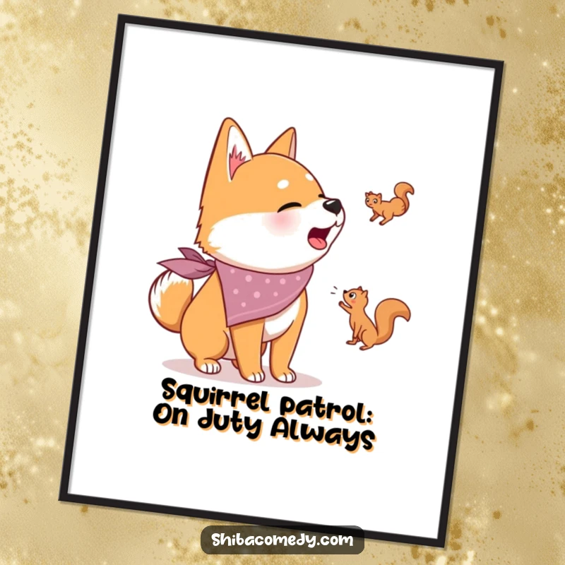 Funny Free Printable Wall Art: Energetic Shiba Inu in bandana barks at a squirrel, bringing playful vibes.