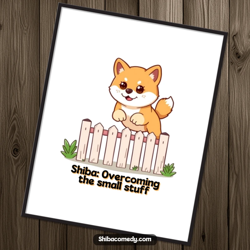 Funny Free Printable Wall Art: A Shiba Inu determinedly leaping over a low garden fence with flair.