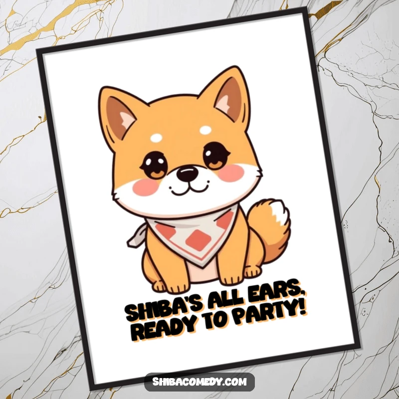 Funny Free Printable Shiba Inu Wall Art: Alert dog wearing bandana, looking curious, perfect for dog lovers, downloadable art.