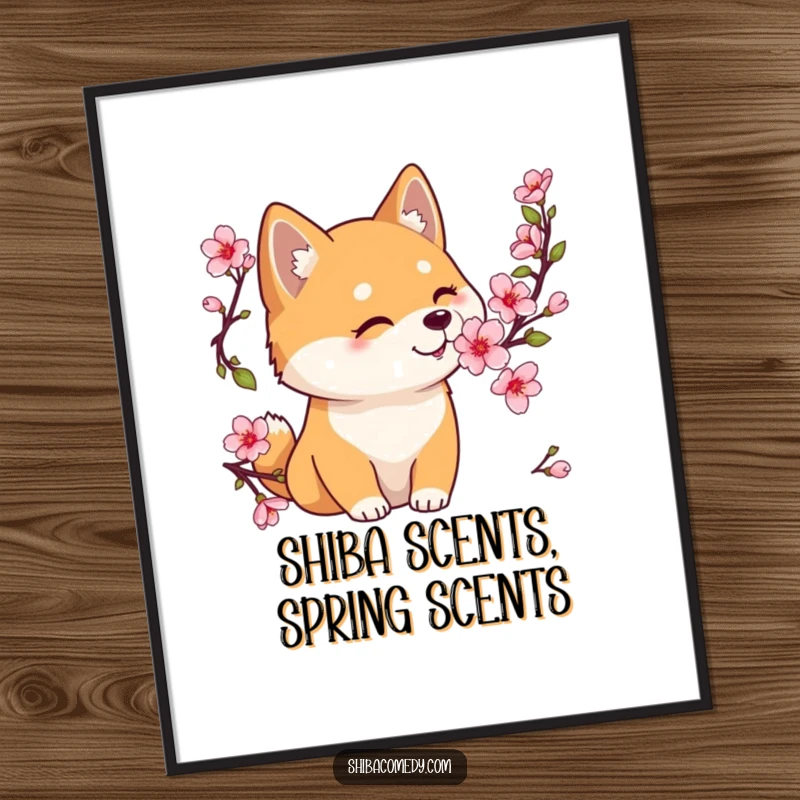 Funny Free Printable Wall Art of a Shiba Inu curiously sniffing a pink cherry blossom, capturing a moment of peaceful natural beauty.