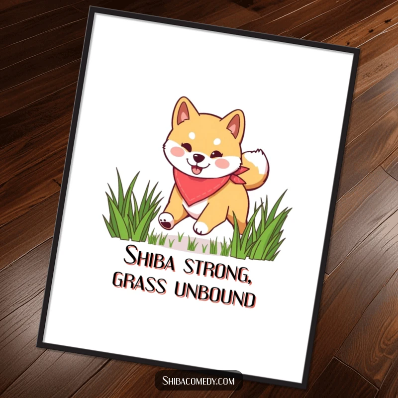 Funny Free Printable Wall Art of a happy Shiba Inu wearing a bandana, joyfully bounding through green grass with boundless energy.