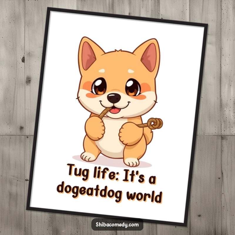 Funny Free Printable Wall Art: Shiba Inu with big expressive eyes plays tug-of-war with a rope, full of playful spirit.