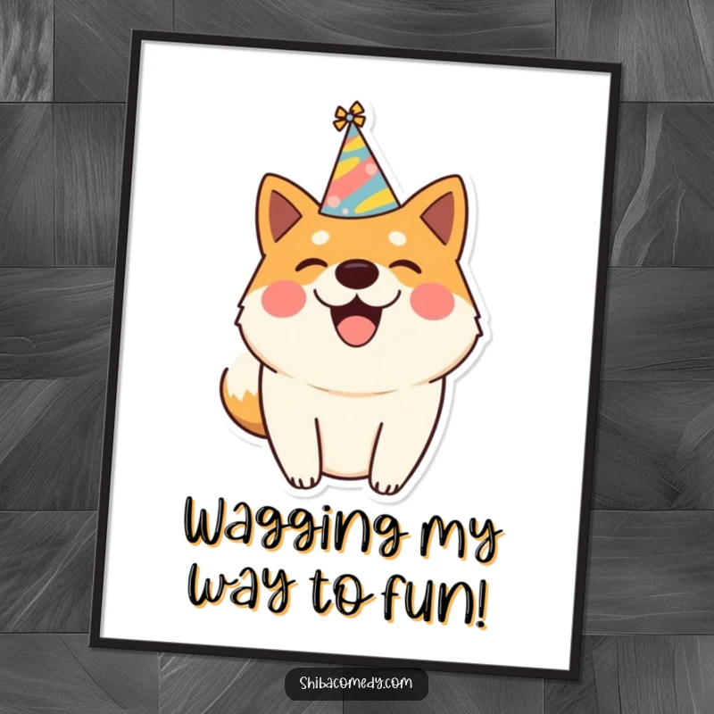 Funny Free Printable Wall Art: Adorable Shiba Inu wearing a party hat, tail wagging joyfully.