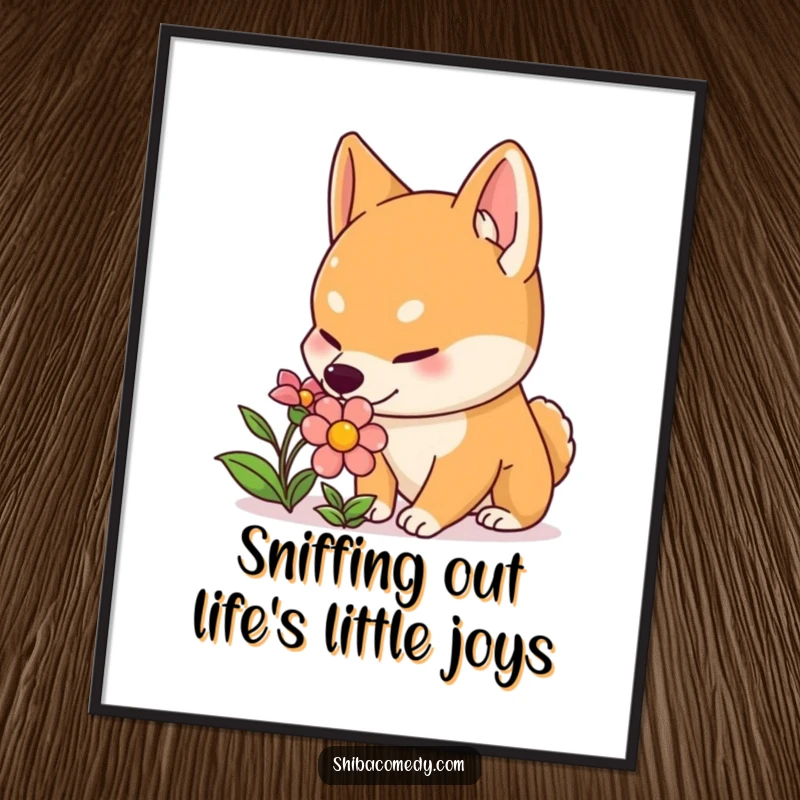 Funny Free Printable Wall Art depicting a curious Shiba Inu with perked ears investigating a colorful, blooming flower.