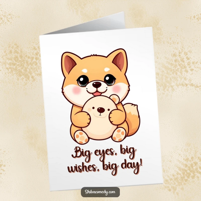 Funny Free Printable Birthday Card featuring a Shiba Inu with wide eyes clutching a plush toy, ready for celebration.