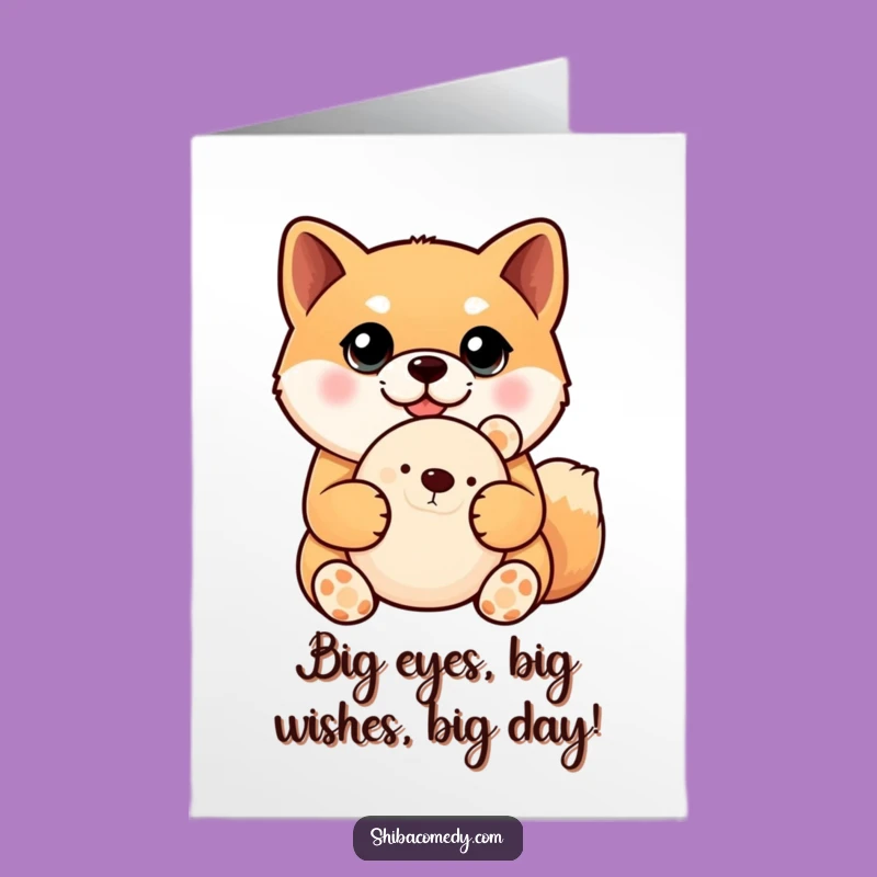 Free Printable Shiba Inu Birthday Card: Big Eyes Doggo, Plush Toy Fun, Funny Downloadable Gift