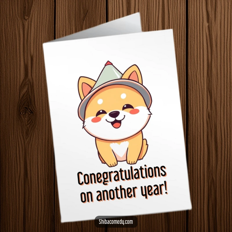 Funny Free Printable birthday card featuring a Shiba Inu in a cone hat, looking surprisingly smug and happy.