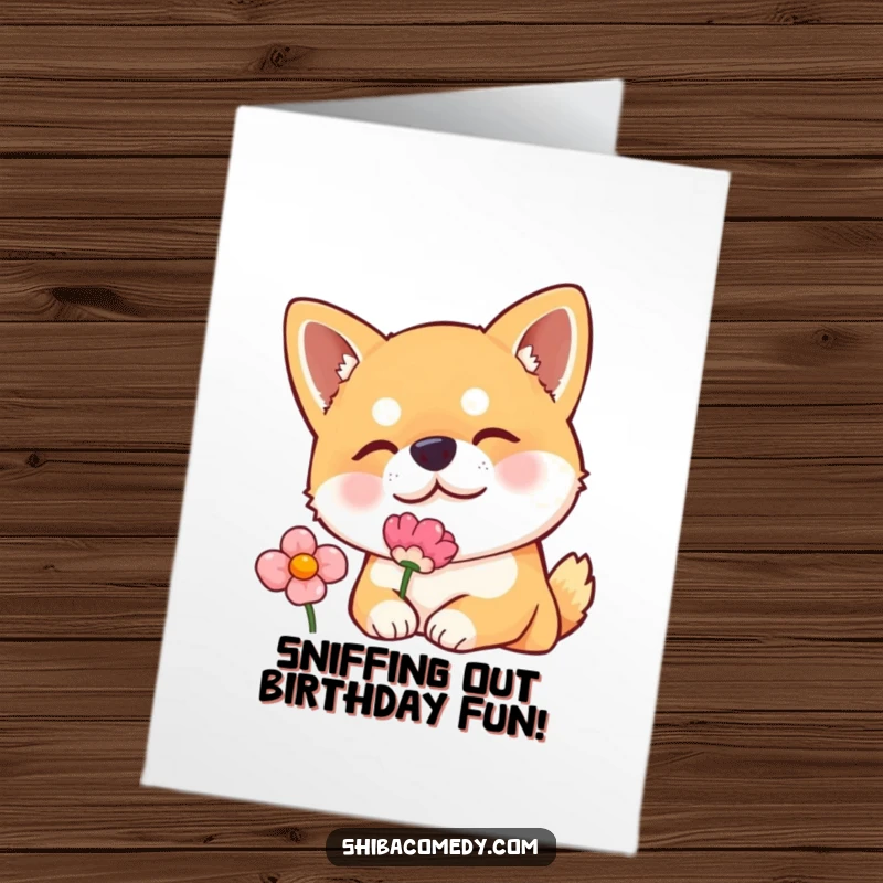 Funny Free Printable Birthday Card: Shiba Inu with curious head tilt sniffs a flower, embodying gentle curiosity.