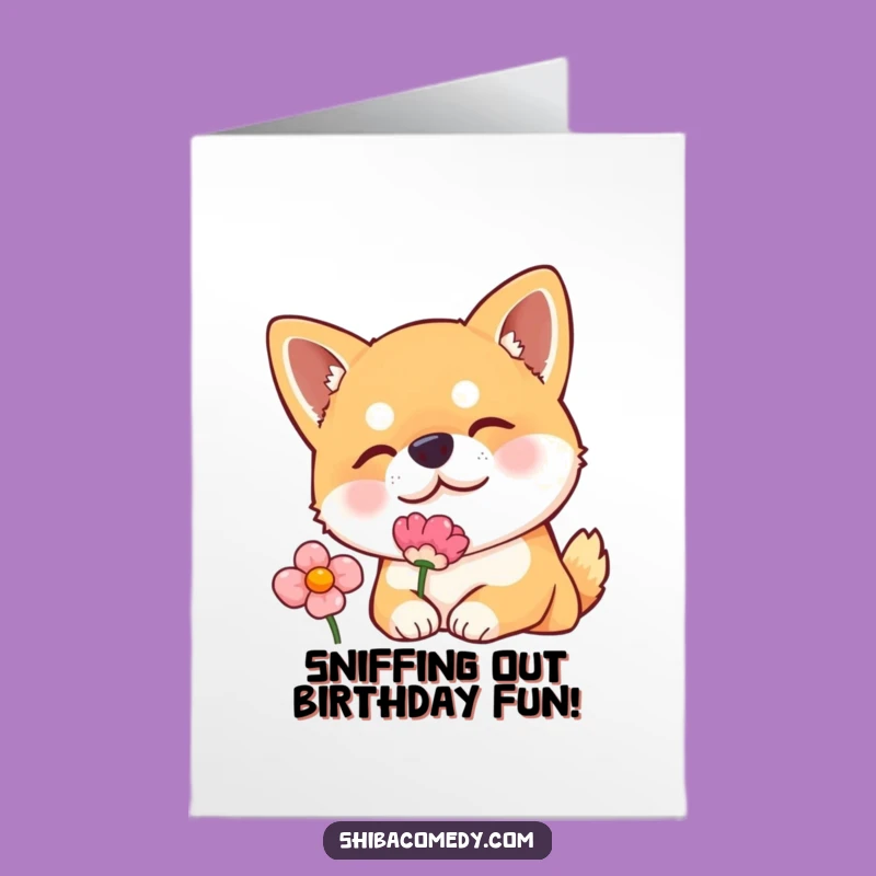 Curious Shiba Inu Flower Sniff Free Printable Birthday Card - Sweet Dog Downloadable