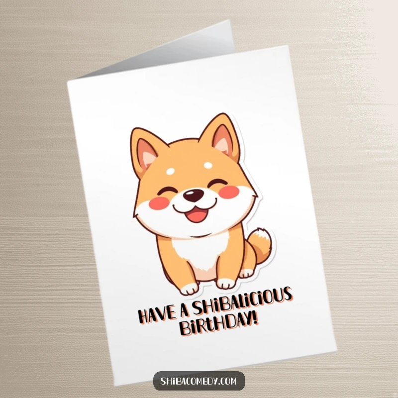 Funny Free Printable Birthday Card: A happy Shiba Inu dog with a wide, playful grin wishing you a great birthday.