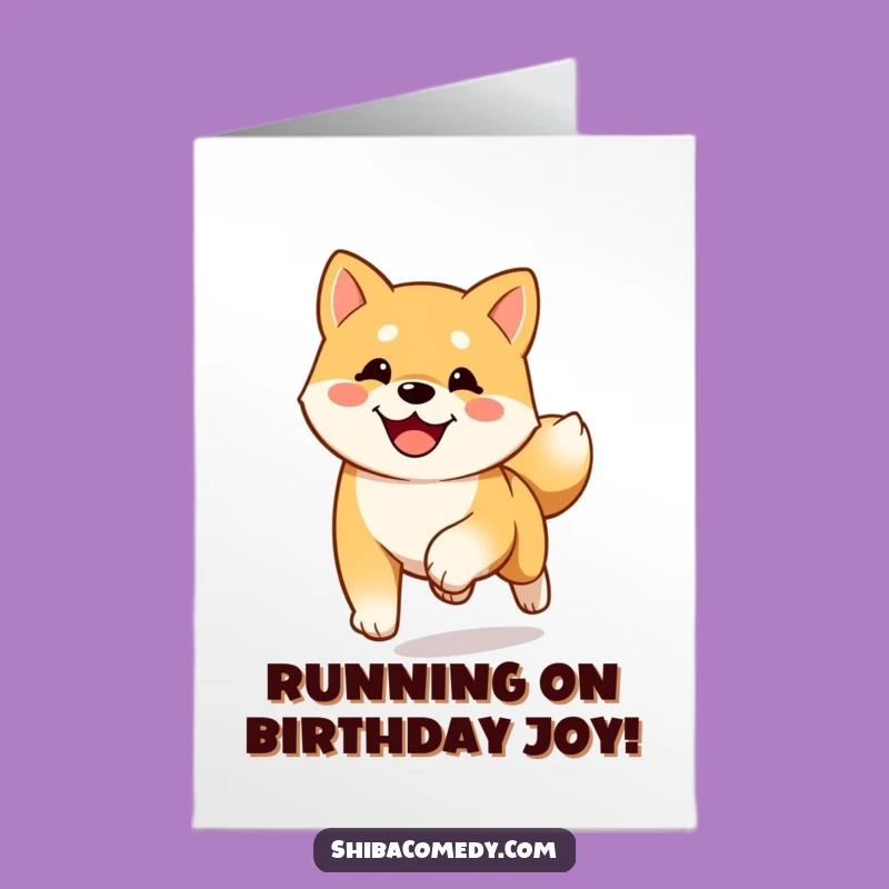Free Printable Birthday Card: Happy Running Shiba Inu, a fun downloadable gift.