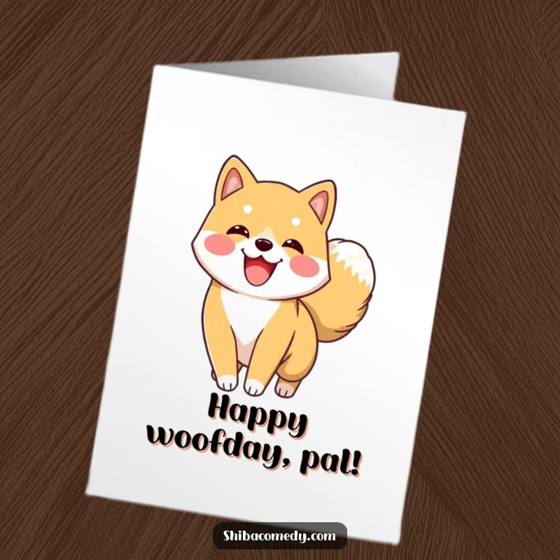 Funny Free Printable Birthday Card: An energetic Shiba Inu character joyfully wags its fluffy tail, celebrating a birthday.