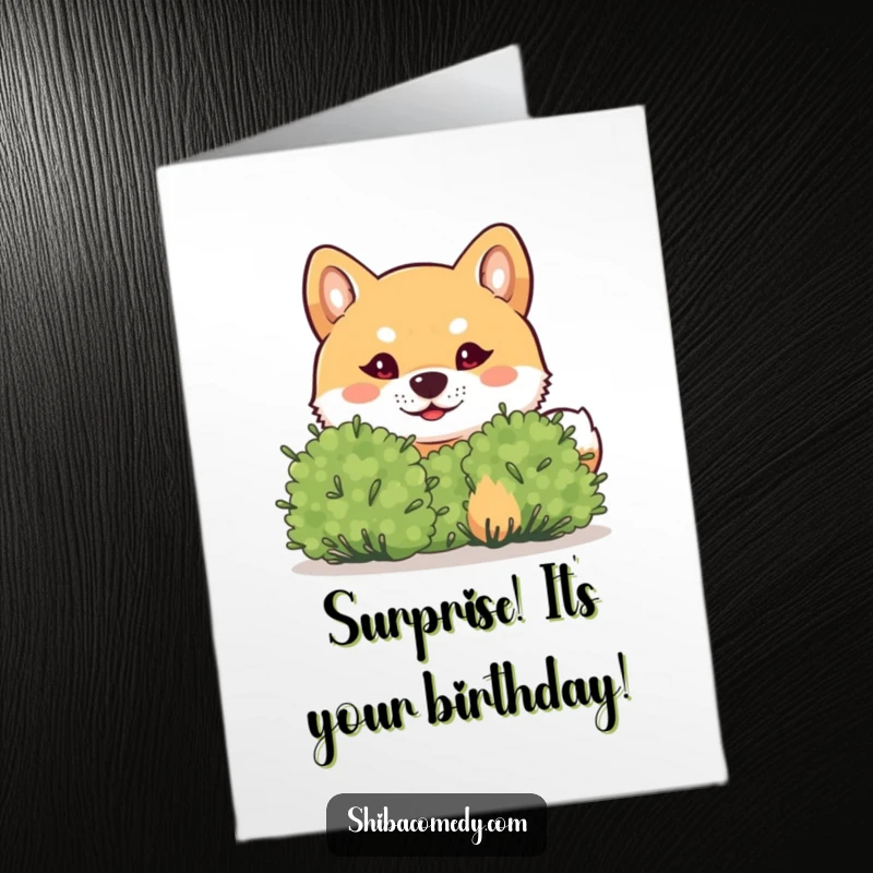 Funny Free Printable Birthday Card: a mischievous Shiba Inu peeks playfully from behind a small bush.