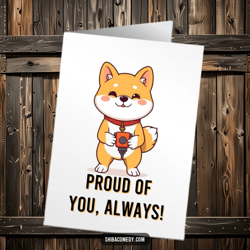 Funny Free Printable Birthday Card: a proud Shiba Inu stands tall with its favorite toy, ready to celebrate.