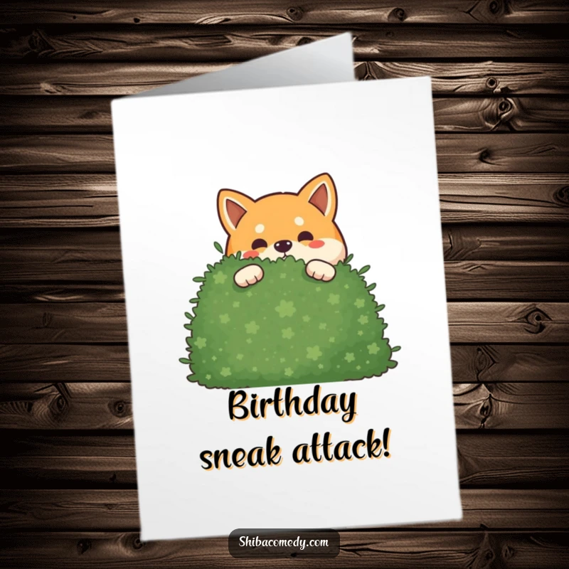 Funny free printable birthday card with a mischievous Shiba Inu peeking from behind a bush, ready to surprise with birthday wishes.