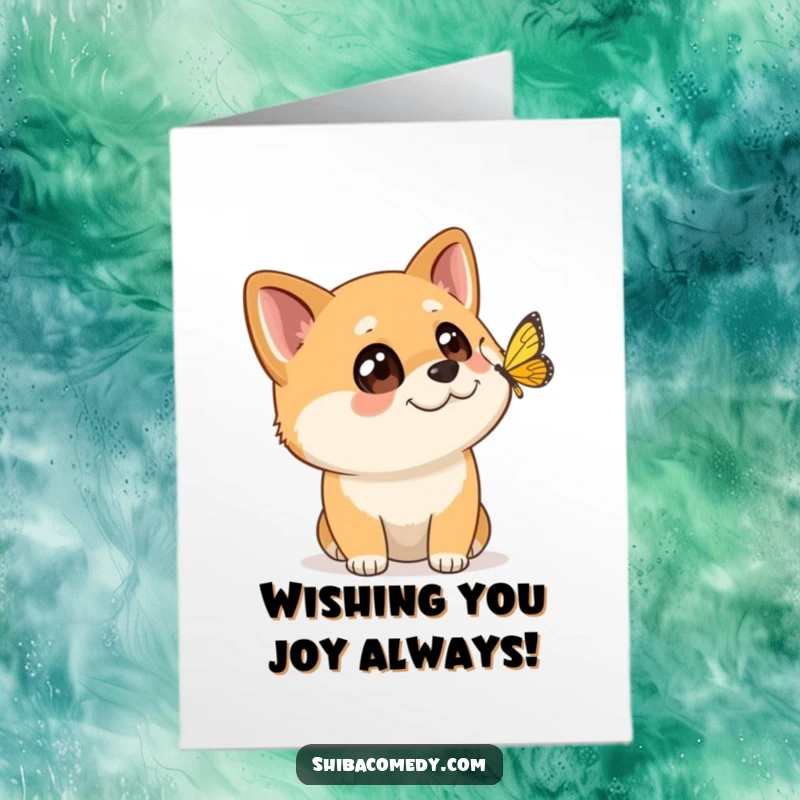 Funny Free Printable Birthday Card: Shiba Inu with wide eyes watching a butterfly flutter past in wonder.