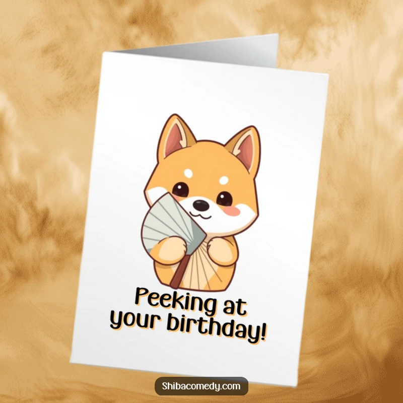 Free Printable Curious Shiba Inu Birthday Card, a Shiba Inu peeking playfully from behind a fan, perfect for a fun greeting.