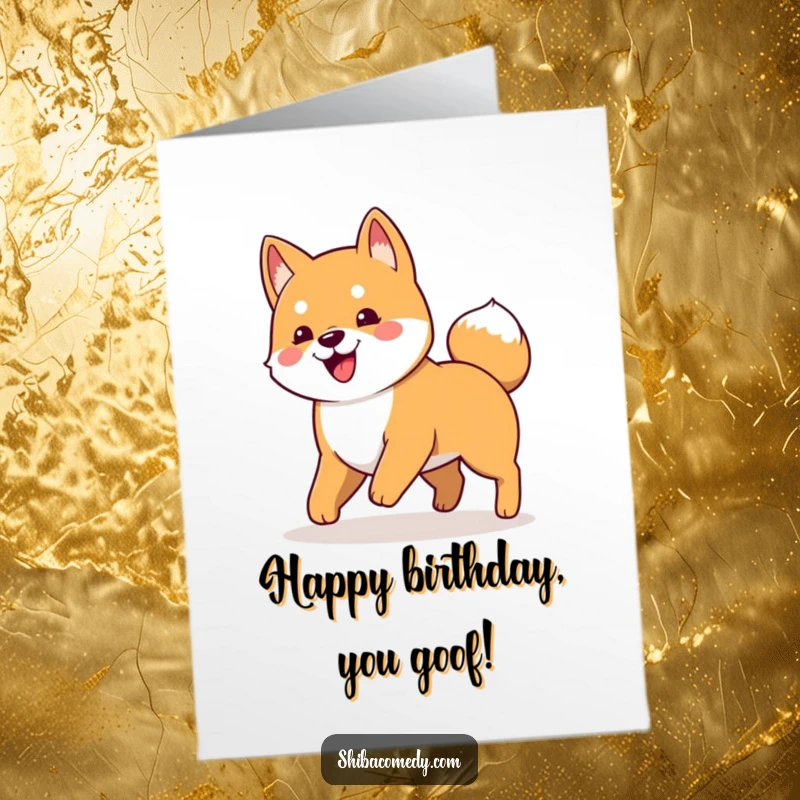 Funny Free Printable Birthday Card: Playful Shiba Inu dog enthusiastically chasing its own tail with glee.